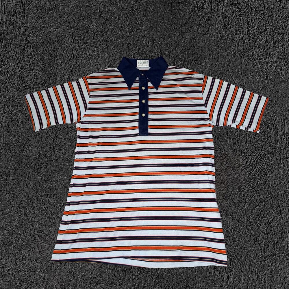 Vintage 80s cross creek 2-ply pointed collar striped navy/orange polo